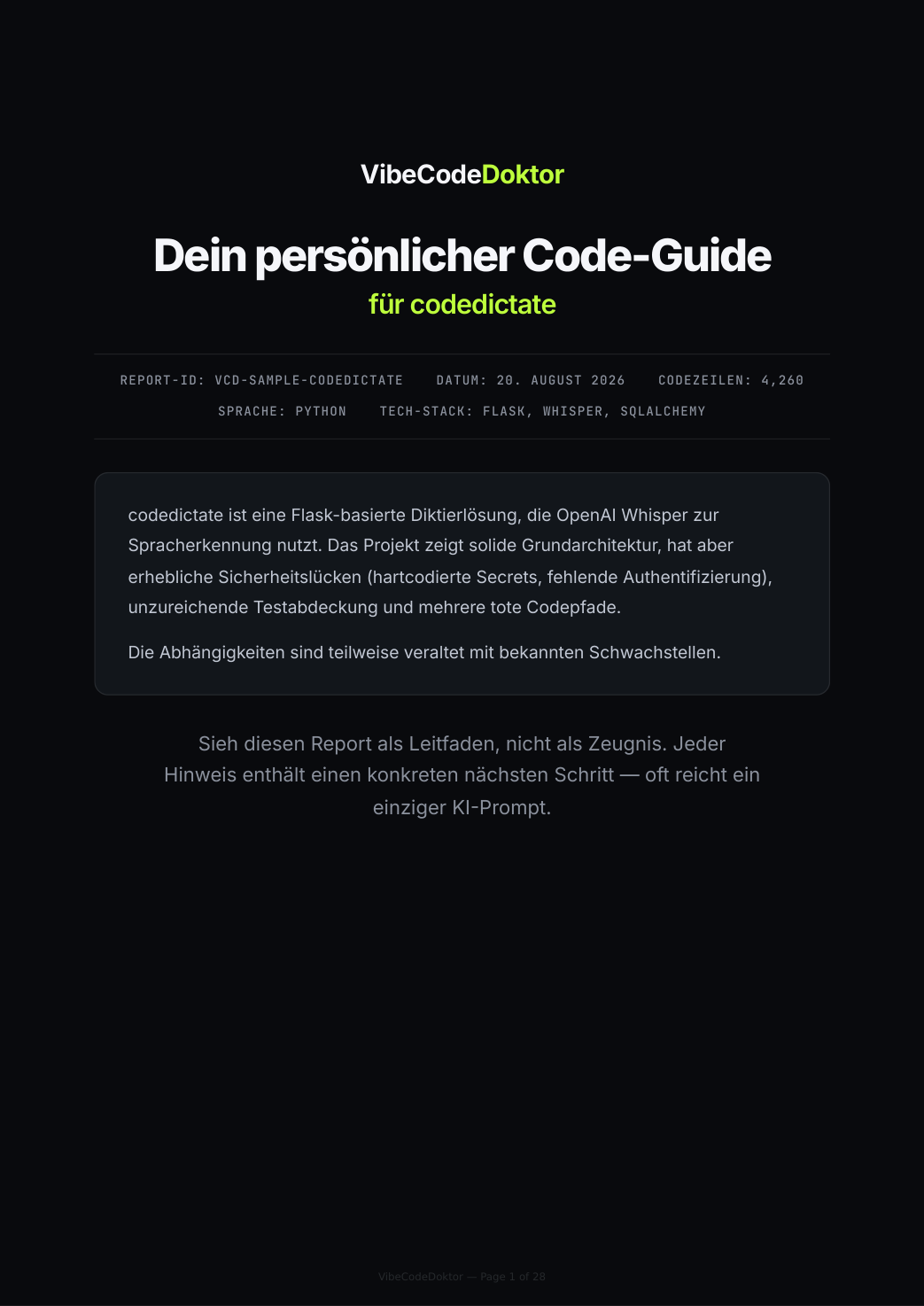 Der gelieferte PDF-Befund, Seite 1: dunkles Deckblatt mit der Projektübersicht
