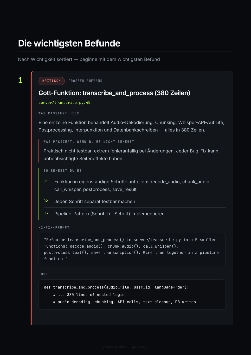 Der gelieferte PDF-Befund, Seite 2: Funde mit Dringlichkeit, Lösungsweg, Prompt und Lektion